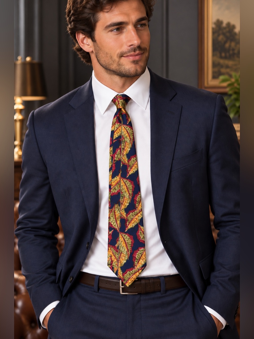 Dior Navy Silk Tie with Gold and Red Leaf Pattern